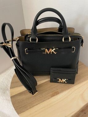 Michael Kors Black Leather Satchel with Gold MK Accent And MK card case .